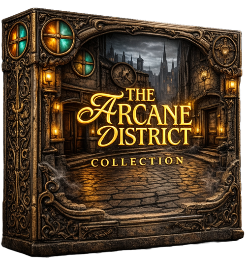 Cover of the magic sound SFX library 'The Arcane District Collection' with ornate design and cityscape background.