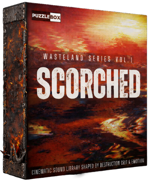 Product packaging for 'Scorched' from Puzzlebox Audio, featuring a desert landscape with a sunset.